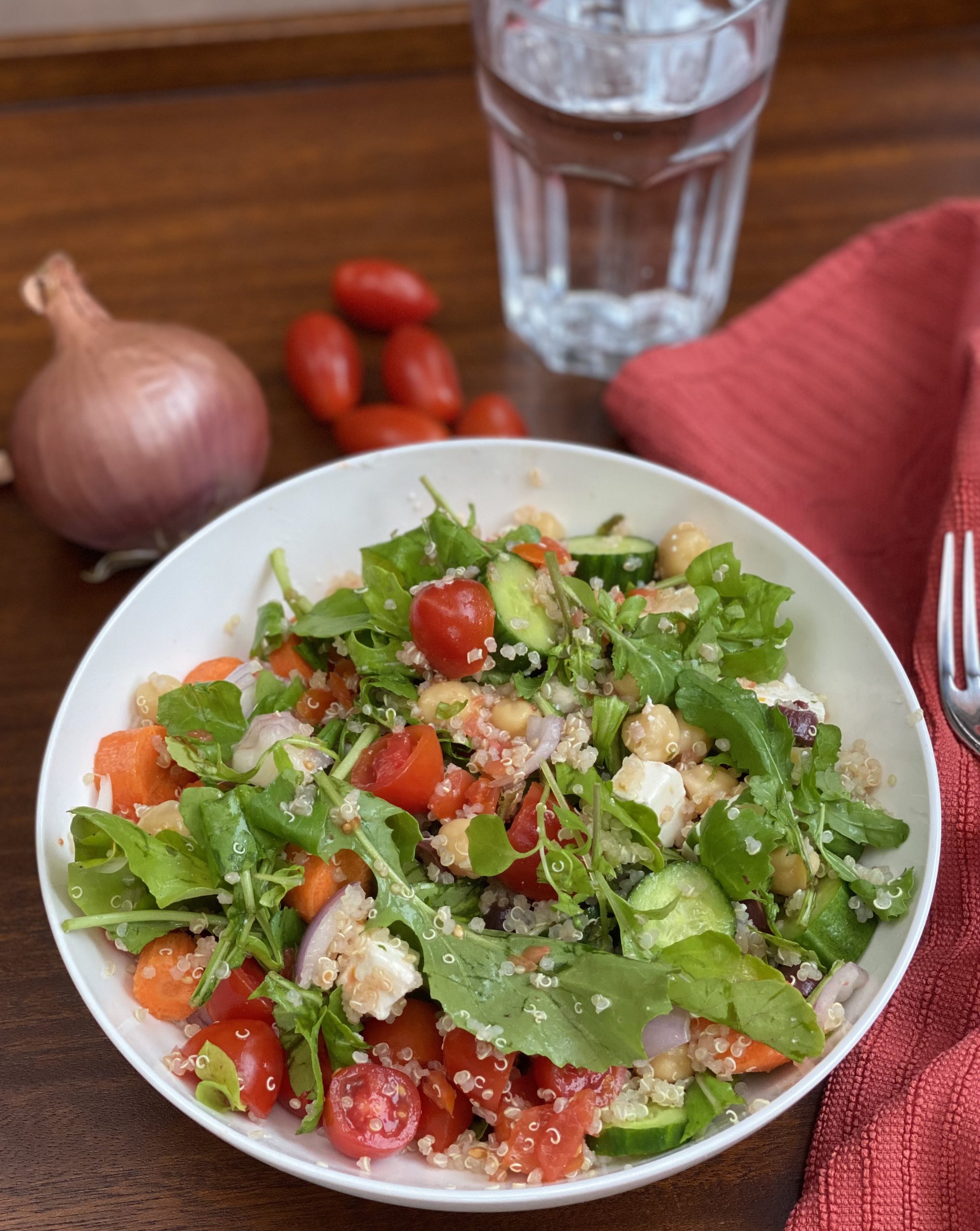 salad with quinoa, chickpeas and feta cheese